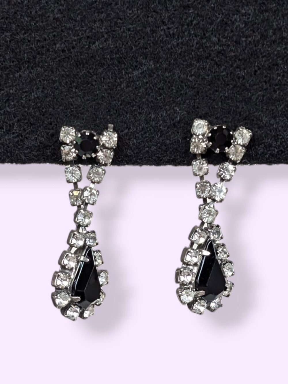 Vintage Black Tear Glass Rhinestone Earrings